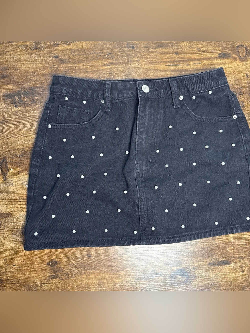 Black Studded Denim Mini Skirt